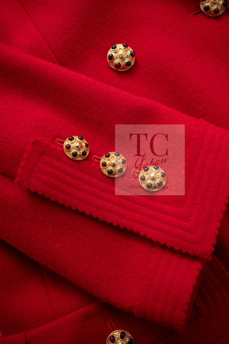 CHANEL 96A Vintage Red Gripox Buttons Double Wool Long Jacket Coat 38 40 シャネル ヴィンテージ レッド グリポア 宝石 ボタン タブル ウール ロング ジャケット コート 即発