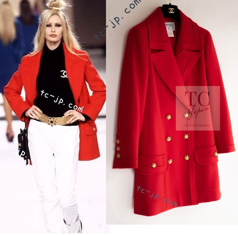 CHANEL 96A Vintage Red Gripox Buttons Double Wool Long Jacket Coat 38 40 シャネル ヴィンテージ レッド グリポア 宝石 ボタン タブル ウール ロング ジャケット コート 即発