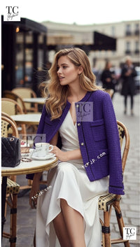 CHANEL 93A Vintage Purple Wool Tweed Jacket Skirt Suit 38 40 42 シャネル ヴィンテージ プラム パープル ウール ツイード ジャケット スカート スーツ 即発