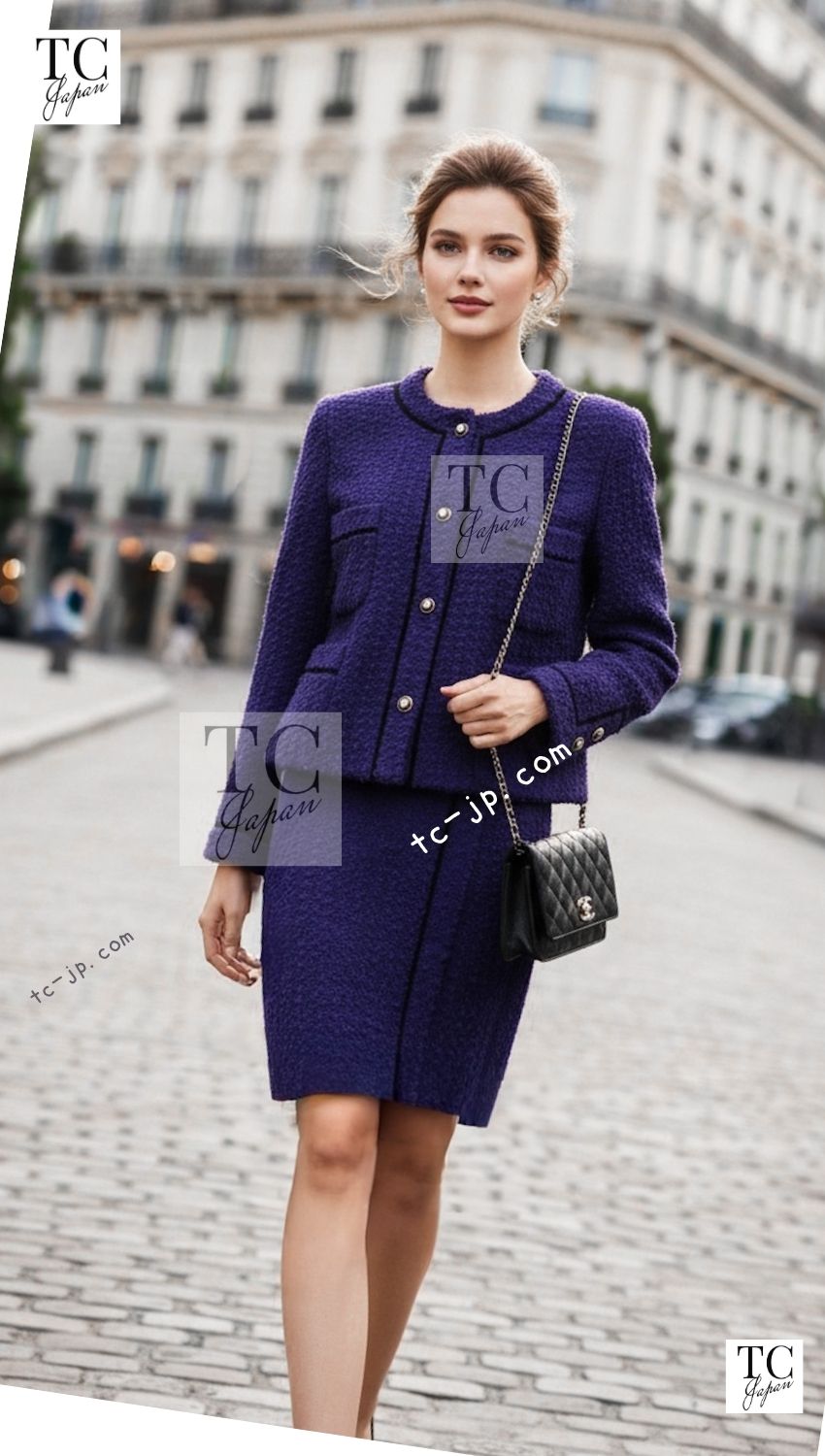 CHANEL 93A Vintage Purple Wool Tweed Jacket Skirt Suit 38 40 42 シャネル ヴィンテージ プラム パープル ウール ツイード ジャケット スカート スーツ 即発