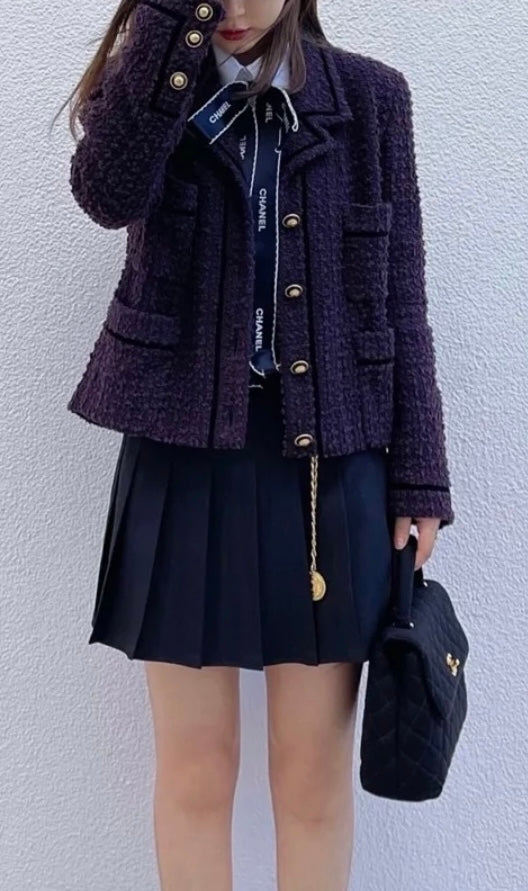 CHANEL 93A Vintage Purple Wool Tweed Jacket Skirt Suit 38 40 42 シャネル ヴィンテージ プラム パープル ウール ツイード ジャケット スカート スーツ 即発 - TC JAPAN