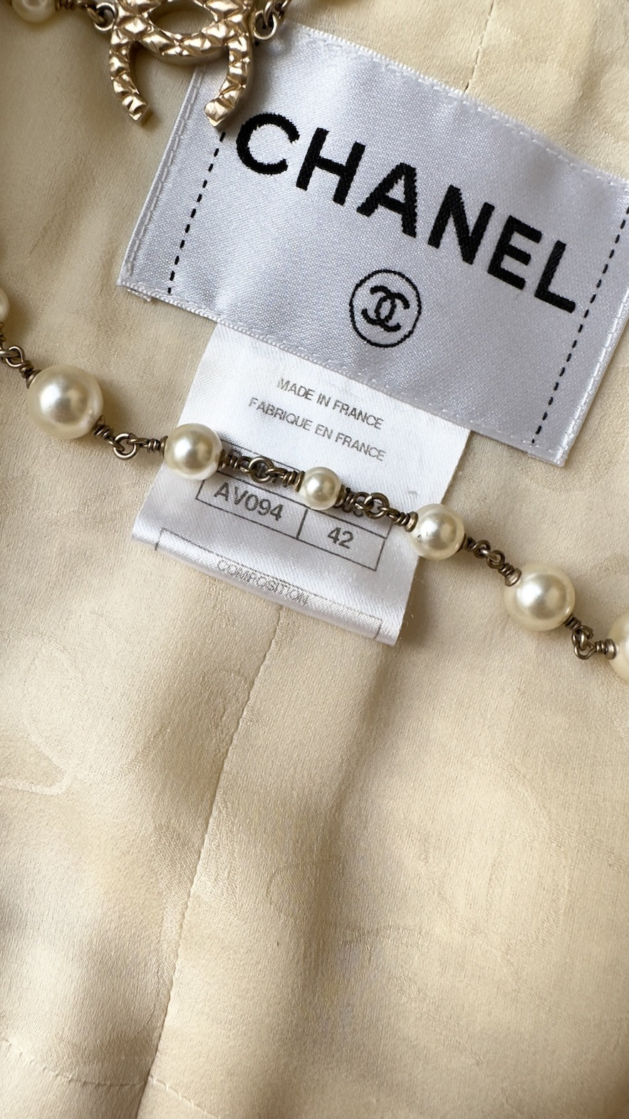 シャネル コート CHANEL アイボリー ゴールド チェーン トリム ウール