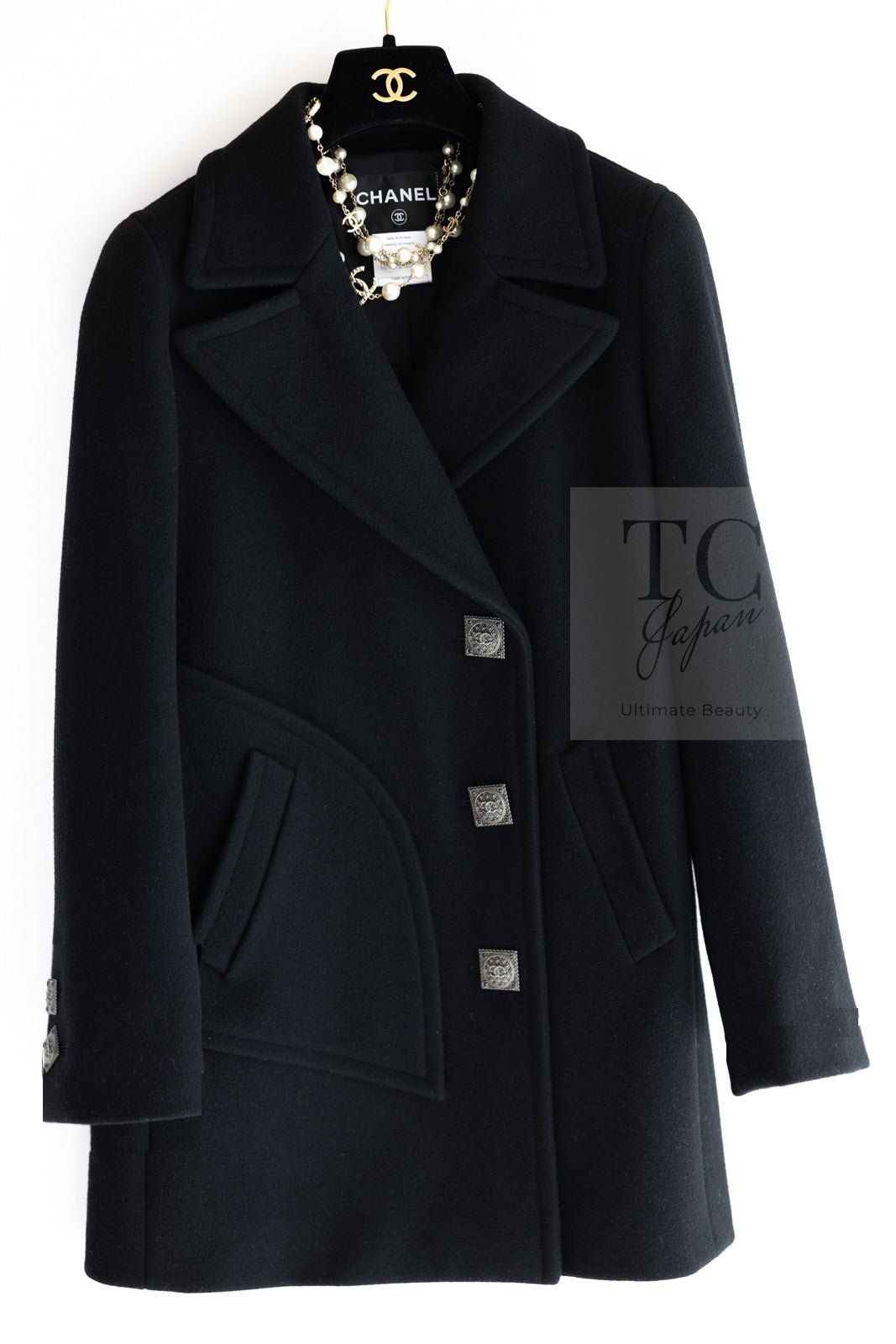 CHANEL 11PF Black Wool Gripox Square Buttons Jacket Pea Coat 44 シャネル ブラック ウール グリポワ スクエア ココ ボタン ジャケット ピー コート