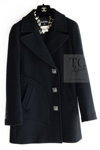 CHANEL 11PF Black Wool Gripox Square Buttons Jacket Pea Coat 44 シャネル ブラック ウール グリポワ スクエア ココ ボタン ジャケット ピー コート