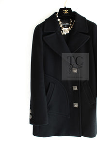 CHANEL 11PF Black Wool Gripox Square Buttons Jacket Pea Coat 44 シャネル ブラック ウール グリポワ スクエア ココ ボタン ジャケット ピー コート