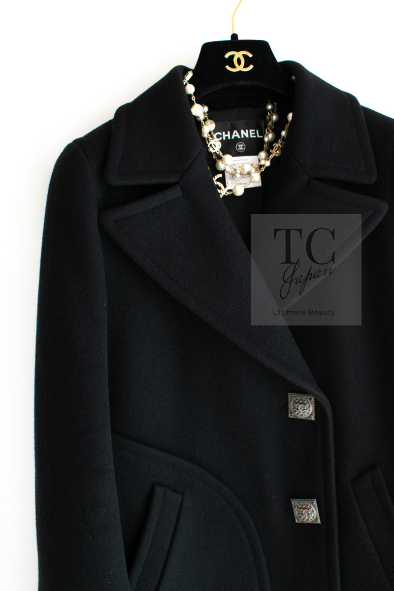 CHANEL 11PF Black Wool Gripox Square Buttons Jacket Pea Coat 38 シャネル ブラック ウール グリポワ スクエア ココ ボタン ジャケット ピー コート