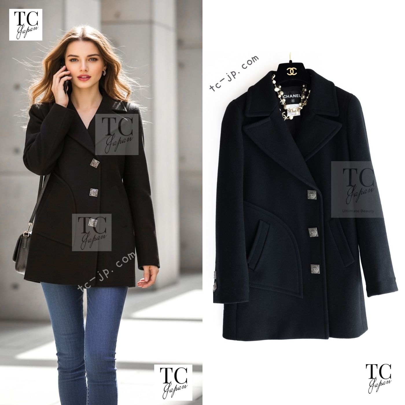 CHANEL 11PF Black Wool Gripox Square Buttons Jacket Pea Coat 44 シャネル ブラック ウール グリポワ スクエア ココ ボタン ジャケット ピー コート