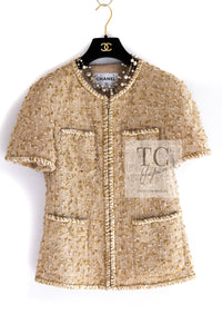 CHANEL 19S Beige Champagne Gold Zipper Short Sleeve tweed Jacket 38 シャネル ベージュ シャンパン ゴールド ジッパー ショート スリーブ ツイード ジャケット 即発