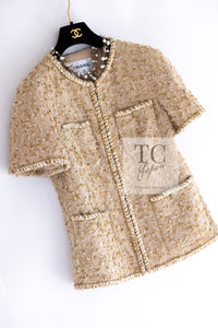 CHANEL 19S Beige Champagne Gold Zipper Short Sleeve tweed Jacket 38 シャネル ベージュ シャンパン ゴールド ジッパー ショート スリーブ ツイード ジャケット 即発