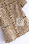 CHANEL 19S Beige Champagne Gold Zipper Short Sleeve tweed Jacket 38 シャネル ベージュ シャンパン ゴールド ジッパー ショート スリーブ ツイード ジャケット 即発