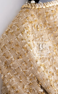 CHANEL 19S Beige Champagne Gold Zipper Short Sleeve tweed Jacket 38 シャネル ベージュ シャンパン ゴールド ジッパー ショート スリーブ ツイード ジャケット 即発