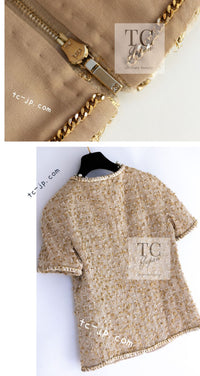 CHANEL 19S Beige Champagne Gold Zipper Short Sleeve tweed Jacket 38 シャネル ベージュ シャンパン ゴールド ジッパー ショート スリーブ ツイード ジャケット 即発