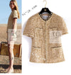 CHANEL 19S Beige Champagne Gold Zipper Short Sleeve tweed Jacket 38 シャネル ベージュ シャンパン ゴールド ジッパー ショート スリーブ ツイード ジャケット 即発