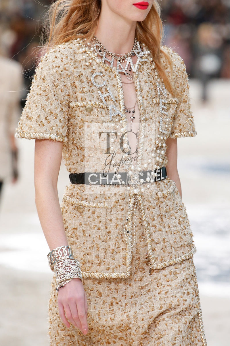 CHANEL 19S Beige Champagne Gold Zipper Short Sleeve tweed Jacket 38 シャネル ベージュ シャンパン ゴールド ジッパー ショート スリーブ ツイード ジャケット 即発