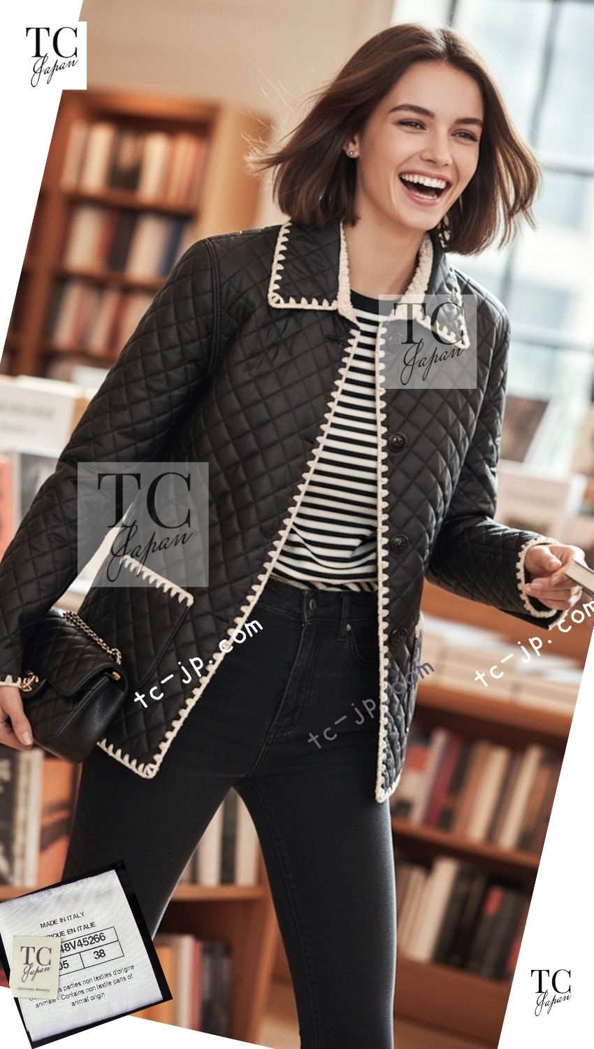 CHANEL Jacket Coat 18N COCO Neige Black Puffer Camel Hair Patch 38