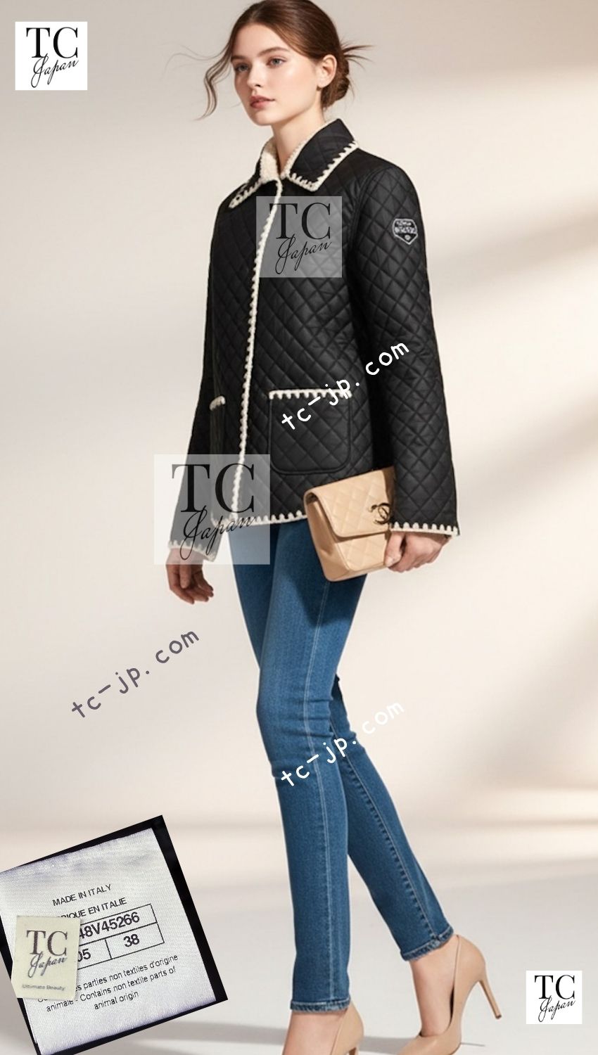 CHANEL Jacket Coat 18N COCO Neige Black Puffer Camel Hair Patch 38