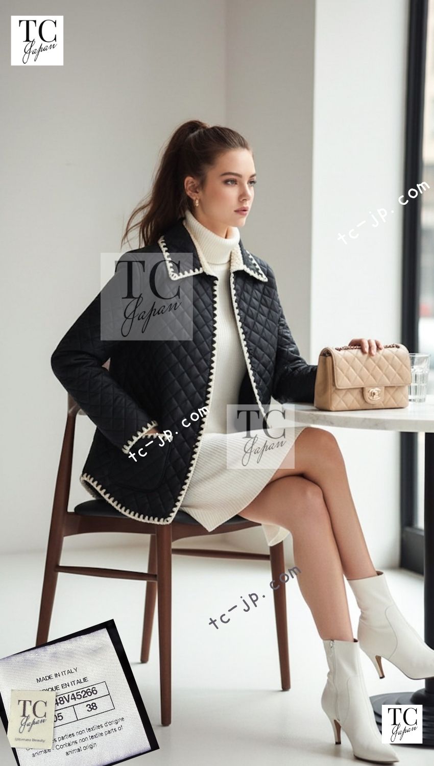CHANEL Jacket Coat 18N COCO Neige Black Puffer Camel Hair Patch 38