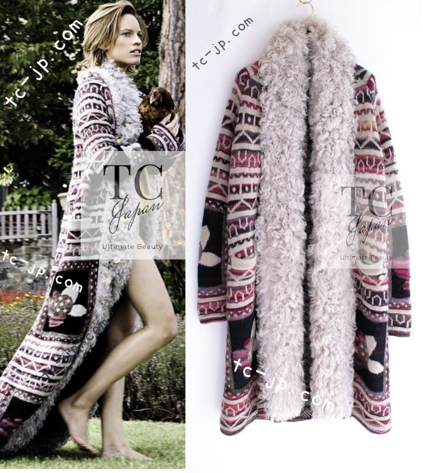 シャネル カーディガン コート CHANEL グレー パープル ラム ファー