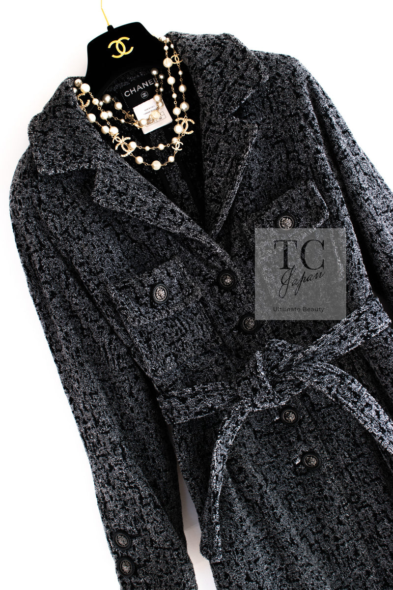 CHANEL 14B Gray Black Lion Button Belt Cotton Coat 34 36 シャネル グレー ブラック ライオン ボタン ベルト コットン コート 即発