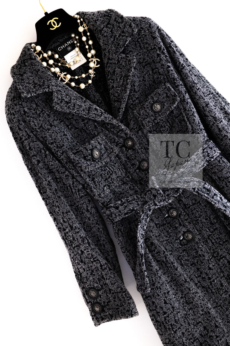 CHANEL 14B Gray Black Lion Button Belt Cotton Coat 34 36 シャネル グレー ブラック ライオン ボタン ベルト コットン コート 即発