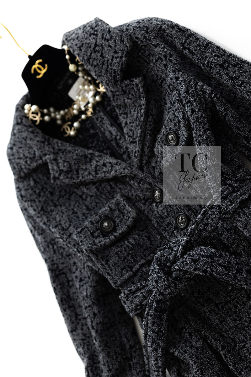 CHANEL 14B Gray Black Lion Button Belt Cotton Coat 34 36 シャネル グレー ブラック ライオン ボタン ベルト コットン コート 即発