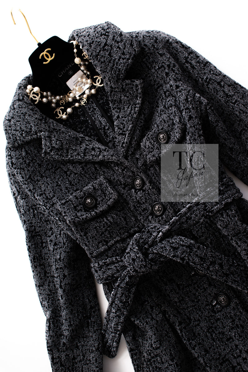 CHANEL 14B Gray Black Lion Button Belt Cotton Coat 34 36 シャネル グレー ブラック ライオン ボタン ベルト コットン コート 即発