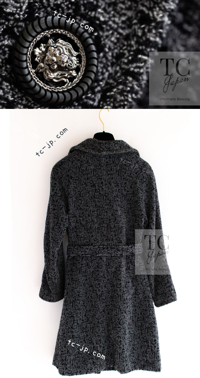 CHANEL 14B Gray Black Lion Button Belt Cotton Coat 34 36 シャネル グレー ブラック ライオン ボタン ベルト コットン コート 即発