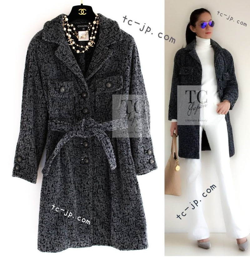 CHANEL 14B Gray Black Lion Button Belt Cotton Coat 34 36 シャネル グレー ブラック ライオン ボタン ベルト コットン コート 即発