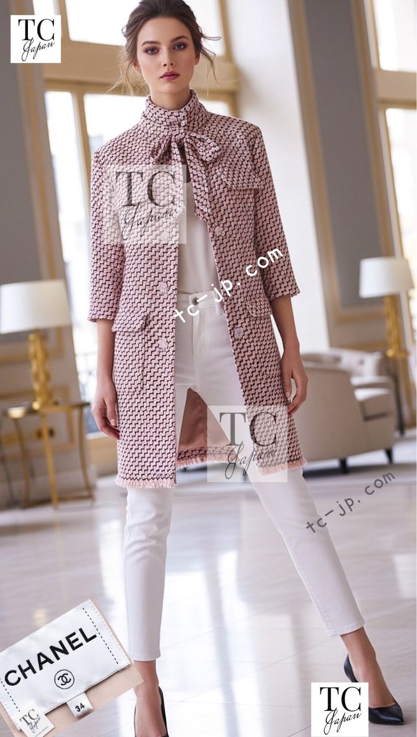 CHANEL 16PF Mauve Pink Black Ribbon Wool Tweed Coat 36 シャネル モーブピンク ブラック リボン ウール ツイード コート 即発