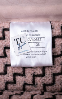 CHANEL 16PF Mauve Pink Black Ribbon Leather Cuffs Wool Tweed Coat 36 38 シャネル モーブピンク ブラック リボン レザー カフス ウール ツイード コート 即発