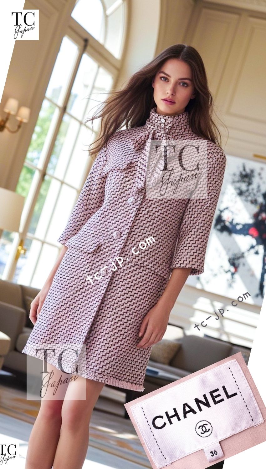 CHANEL 16PF Mauve Pink Black Ribbon Leather Cuffs Wool Tweed Coat 36 38 シャネル モーブピンク ブラック リボン レザー カフス ウール ツイード コート 即発