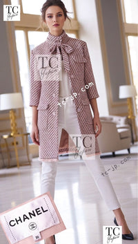 CHANEL 16PF Mauve Pink Black Ribbon Leather Cuffs Wool Tweed Coat 36 38 シャネル モーブピンク ブラック リボン レザー カフス ウール ツイード コート 即発