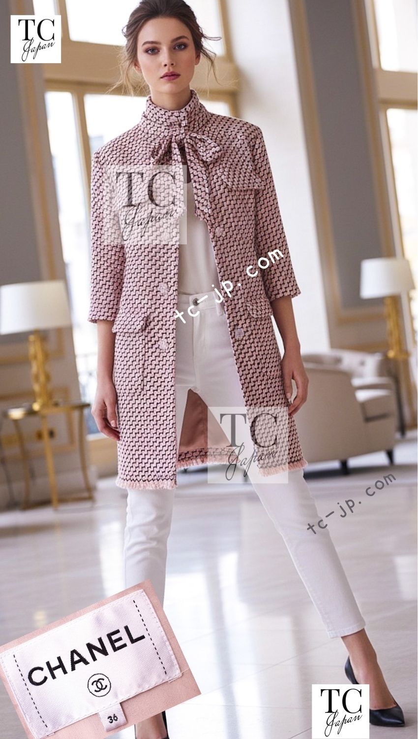 CHANEL 16PF Mauve Pink Black Ribbon Leather Cuffs Wool Tweed Coat 36 38 シャネル モーブピンク ブラック リボン レザー カフス ウール ツイード コート 即発