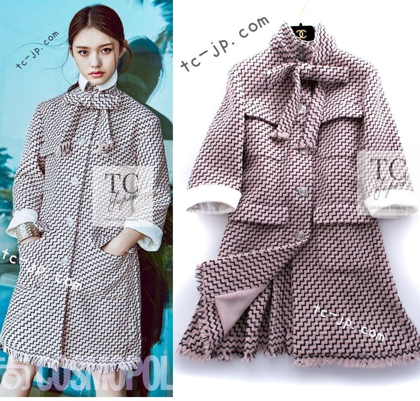 CHANEL 16PF Mauve Pink Black Ribbon Leather Cuffs Wool Tweed Coat 36 38 シャネル モーブピンク ブラック リボン レザー カフス ウール ツイード コート 即発