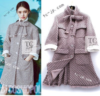 CHANEL 16PF Mauve Pink Black Ribbon Leather Collar Wool Tweed Coat 36 シャネル コート モーブピンク ブラック リボン レザー カフス ウール ツイード 即発