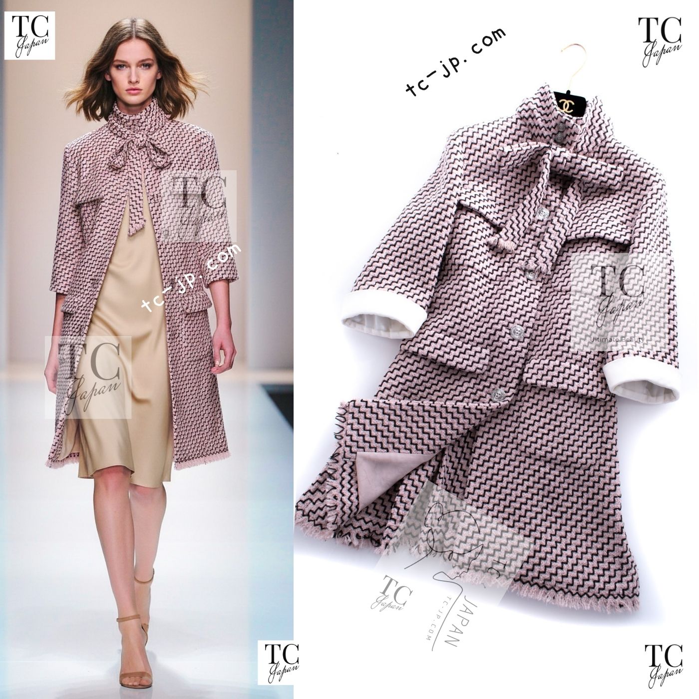 CHANEL 16PF Mauve Pink Black Ribbon Leather Cuffs Wool Tweed Coat 36 38 シャネル モーブピンク ブラック リボン レザー カフス ウール ツイード コート 即発