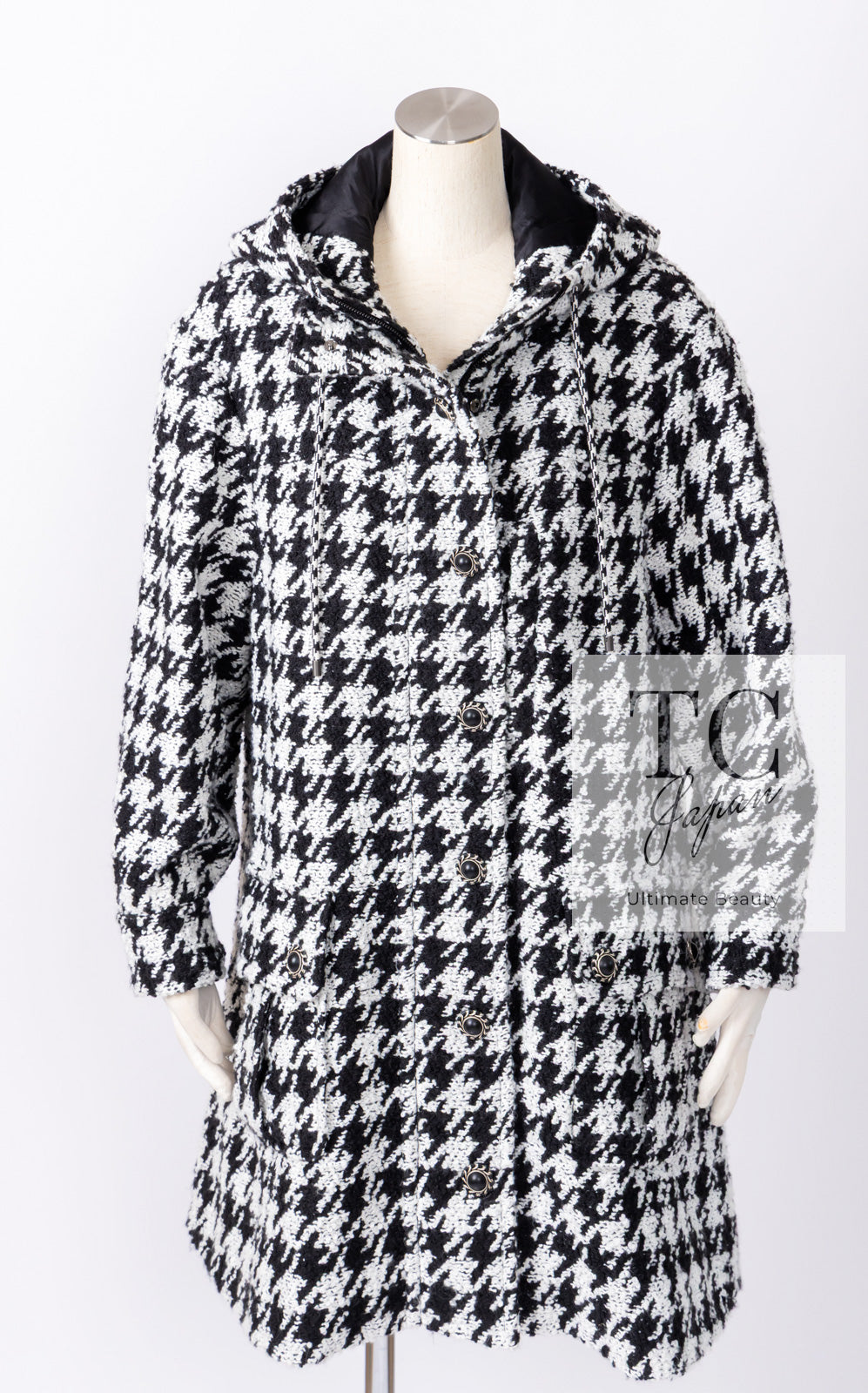 CHANEL 16B Black White Houndstooth Hooded Zip Coat 38 40 42 シャネル ブラック ホワイト 千鳥格子 ジッパー フード付き コート 即発