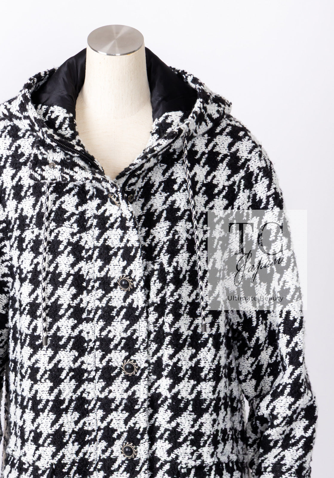 CHANEL 16B Black White Houndstooth Hooded Zip Coat 38 40 42 シャネル ブラック ホワイト 千鳥格子 ジッパー フード付き コート 即発
