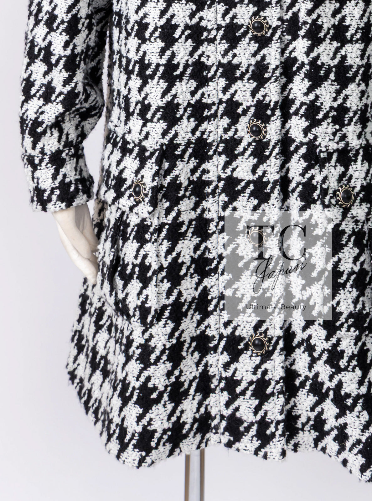 シャネル コート CHANEL ブラック ホワイト 千鳥格子 ジッパー フード