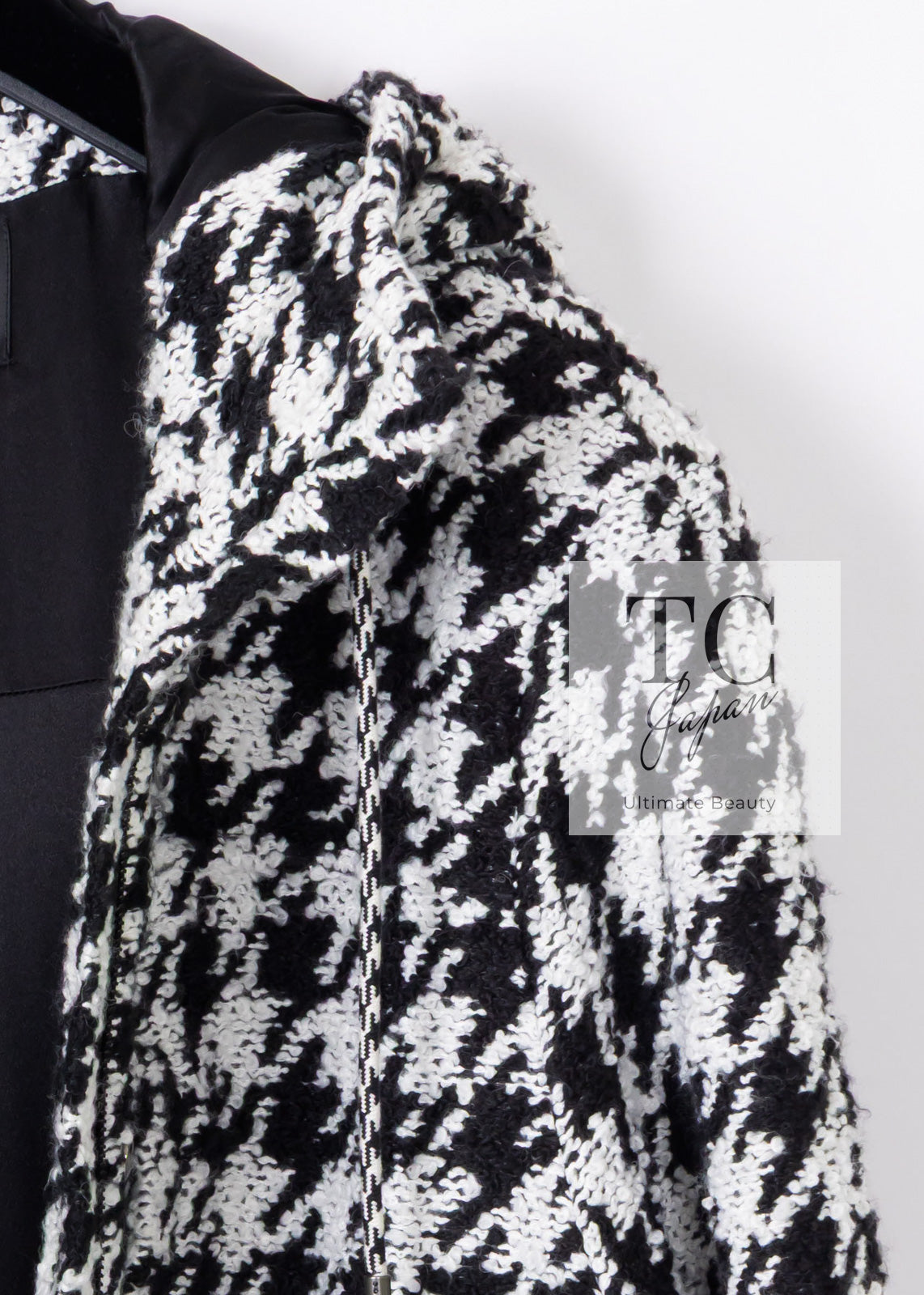 シャネル コート CHANEL ブラック ホワイト 千鳥格子 ジッパー フード