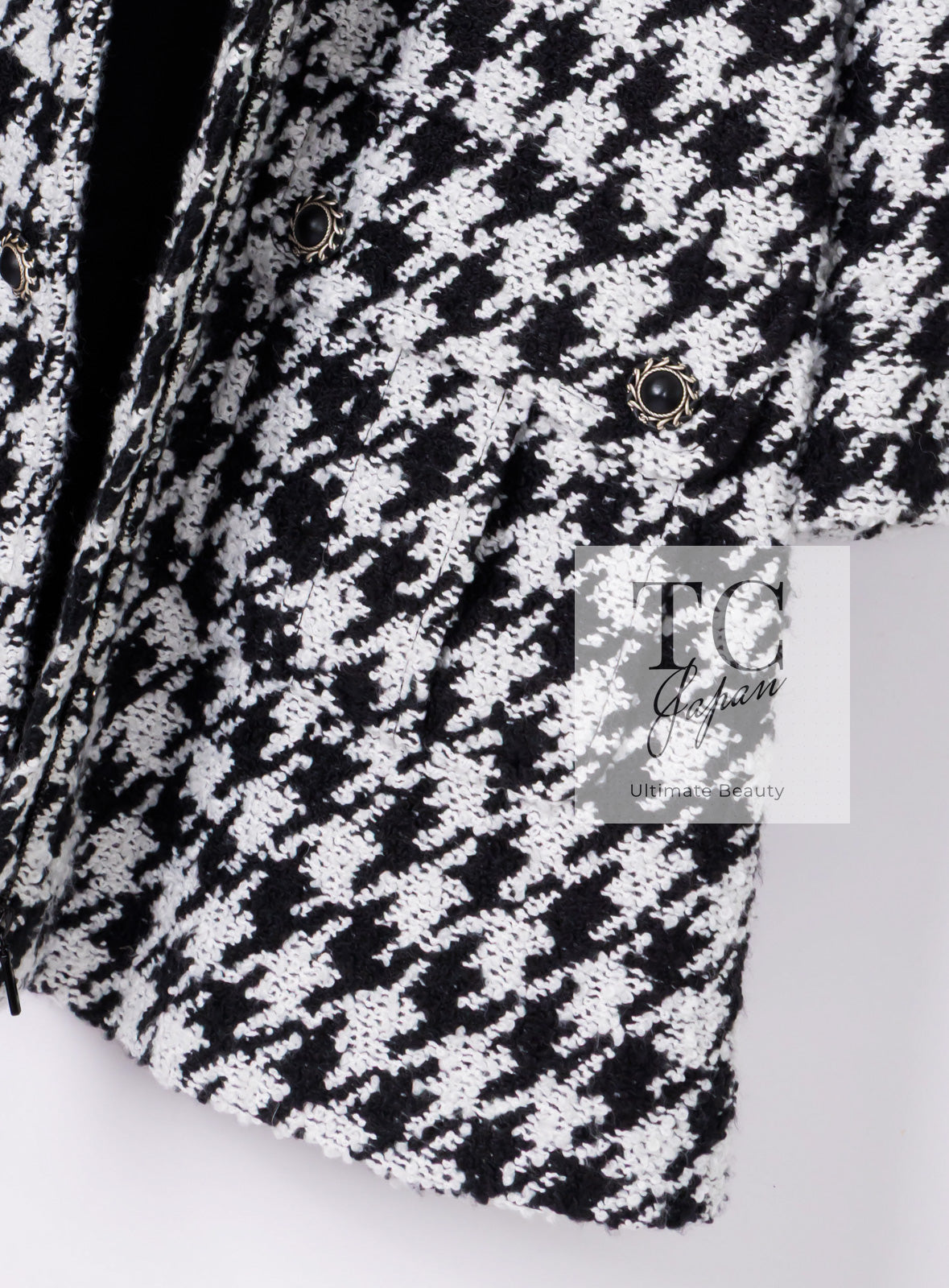 シャネル コート CHANEL ブラック ホワイト 千鳥格子 ジッパー フード