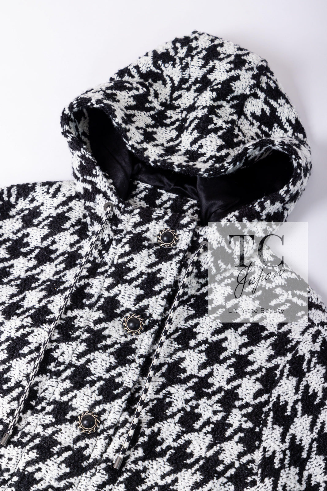 シャネル コート CHANEL ブラック ホワイト 千鳥格子 ジッパー フード