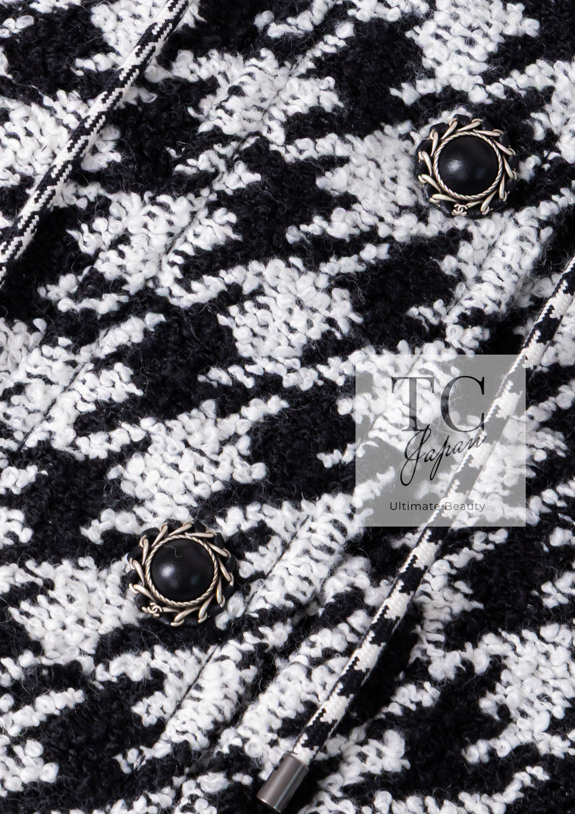 シャネル コート CHANEL ブラック ホワイト 千鳥格子 ジッパー フード