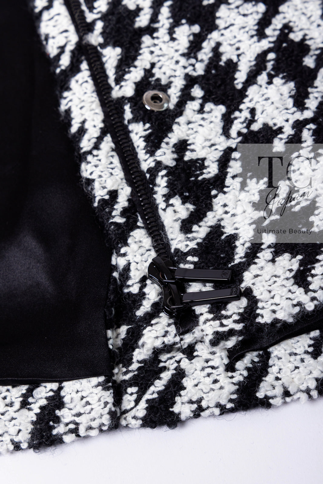 シャネル コート CHANEL ブラック ホワイト 千鳥格子 ジッパー フード