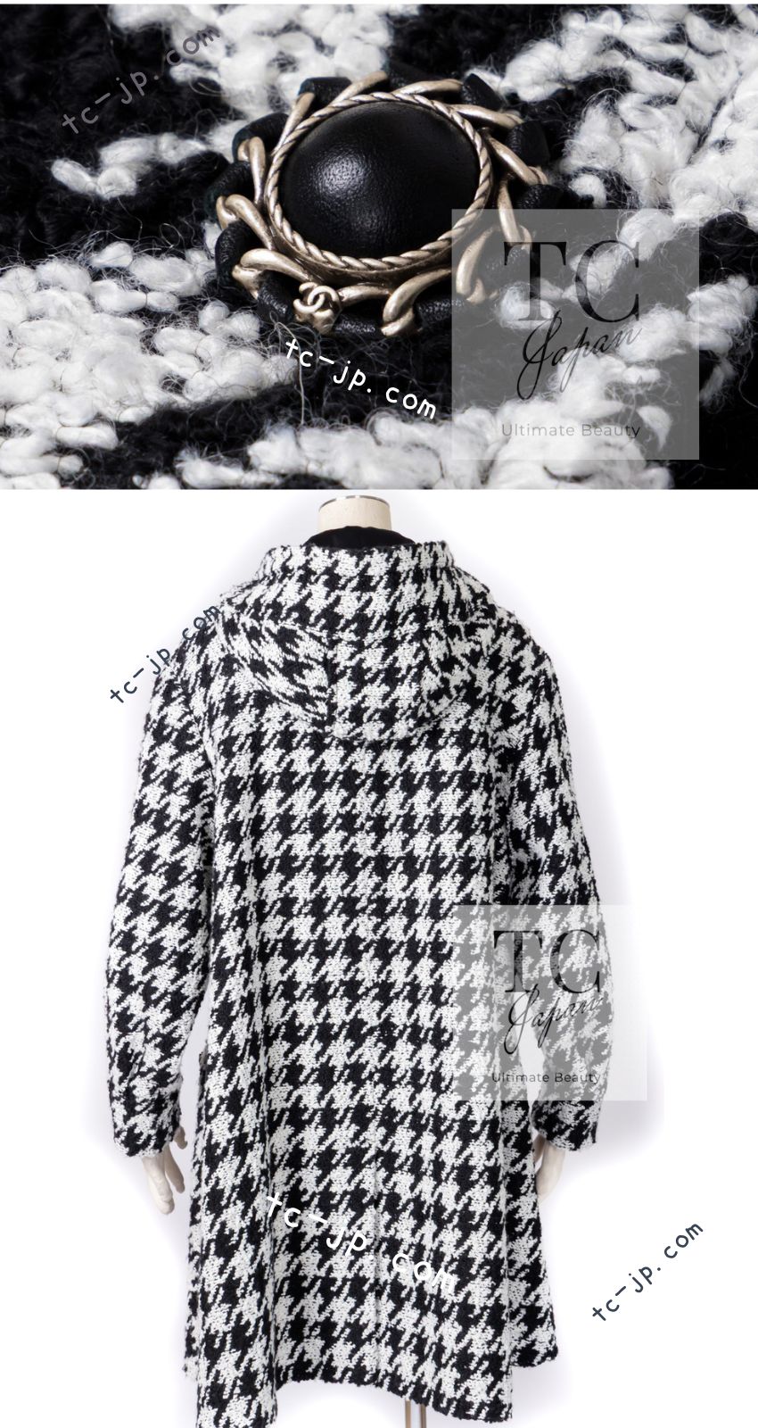 シャネル コート CHANEL ブラック ホワイト 千鳥格子 ジッパー フード