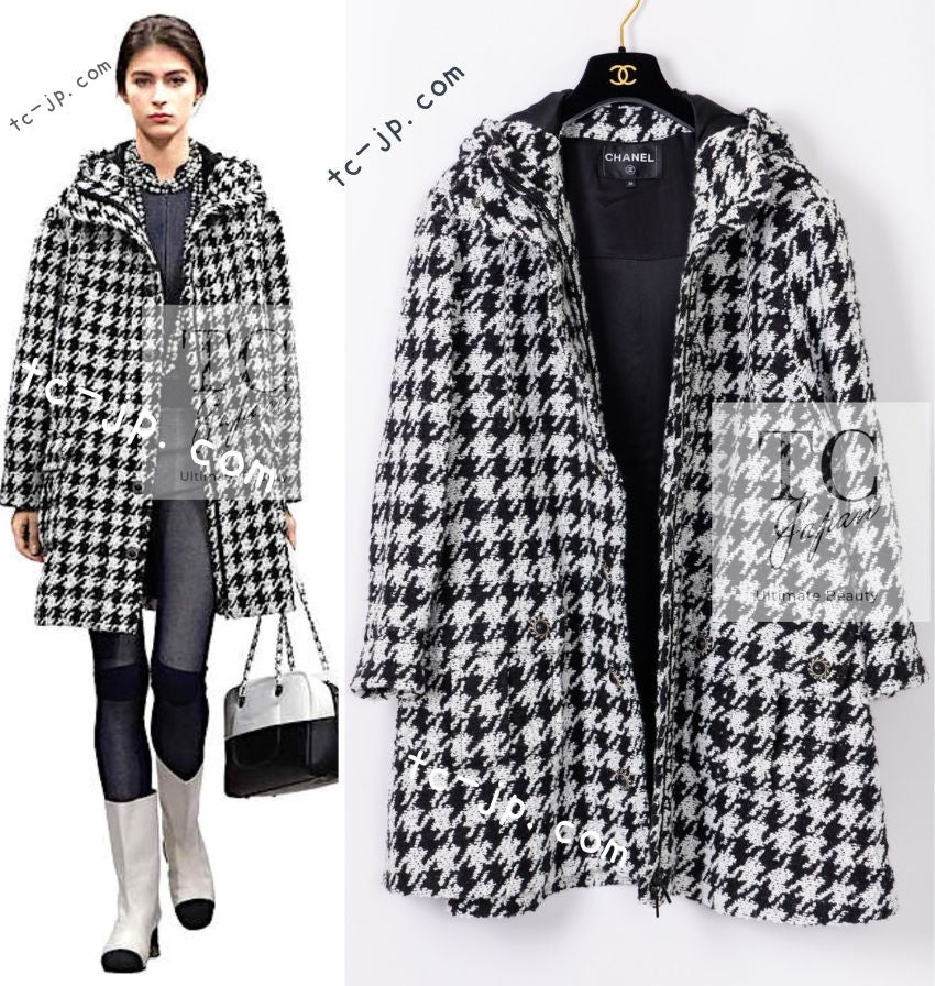 CHANEL 16B Black White Houndstooth Hooded Zip Coat 38 40 42 シャネル ブラック ホワイト 千鳥格子 ジッパー フード付き コート 即発