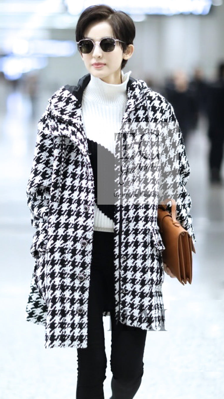 シャネル コート CHANEL 16B ブラック ホワイト ジッパー 千鳥格子 フード付き 38 40 42
