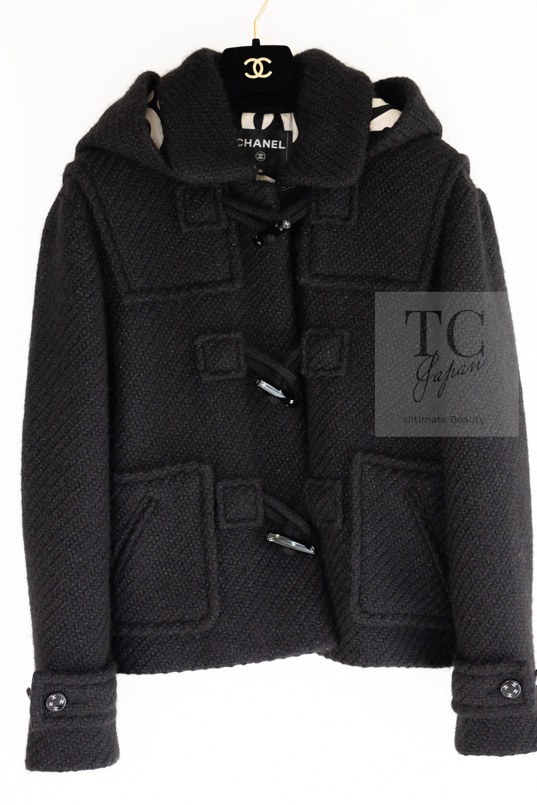 CHANEL 21B Black Wool Alpaca Blouson Duffel Jacket Coat 34 36 38 40 シャネル ブラック ウール アルパカ ブルゾン ダッフル ジャケット コート 即発