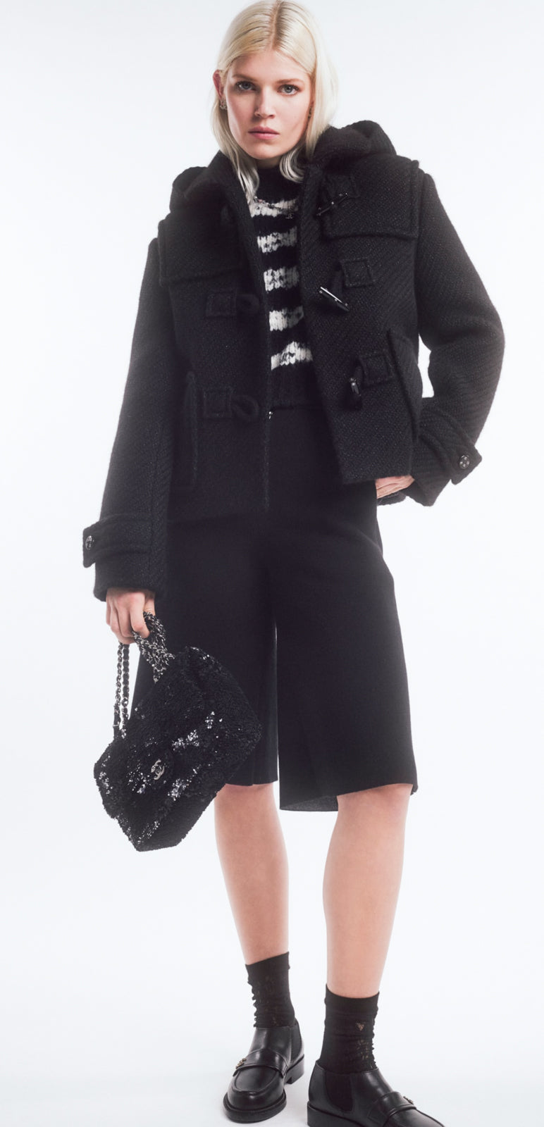 CHANEL 21B Black Wool Alpaca Blouson Duffel Jacket Coat 34 36 38 40 シャネル ブラック ウール アルパカ ブルゾン ダッフル ジャケット コート 即発