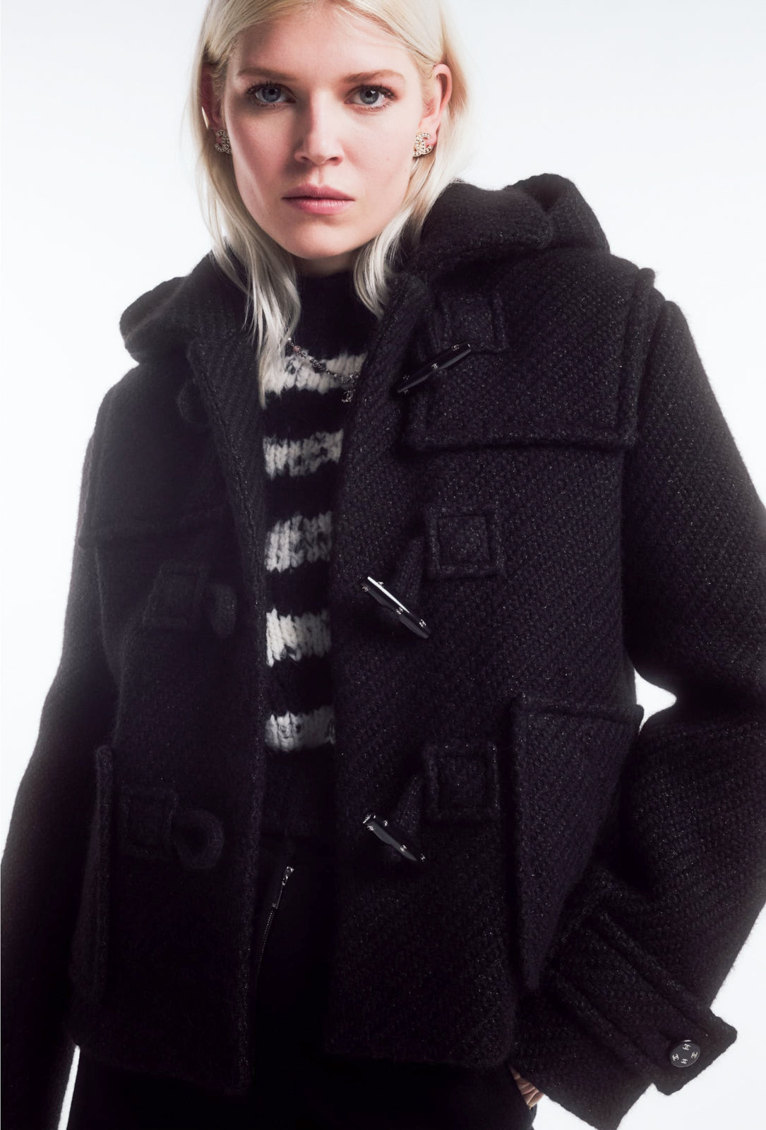CHANEL 21B Black Wool Alpaca Blouson Duffel Jacket Coat 34 36 38 40 シャネル ブラック ウール アルパカ ブルゾン ダッフル ジャケット コート 即発